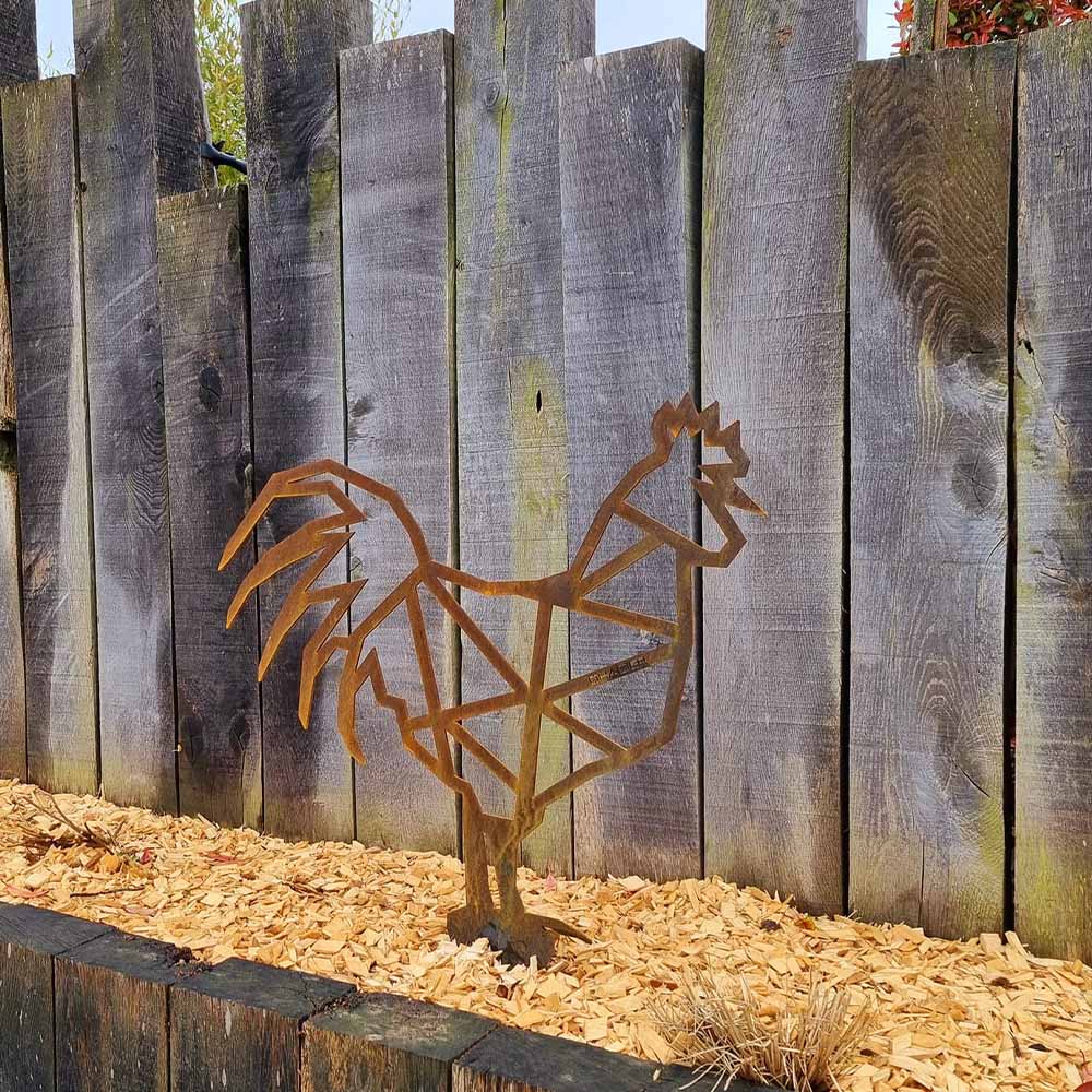 décoration de jardin, acier corten (rouille), acier corten, piquet de jardin,  coq avec